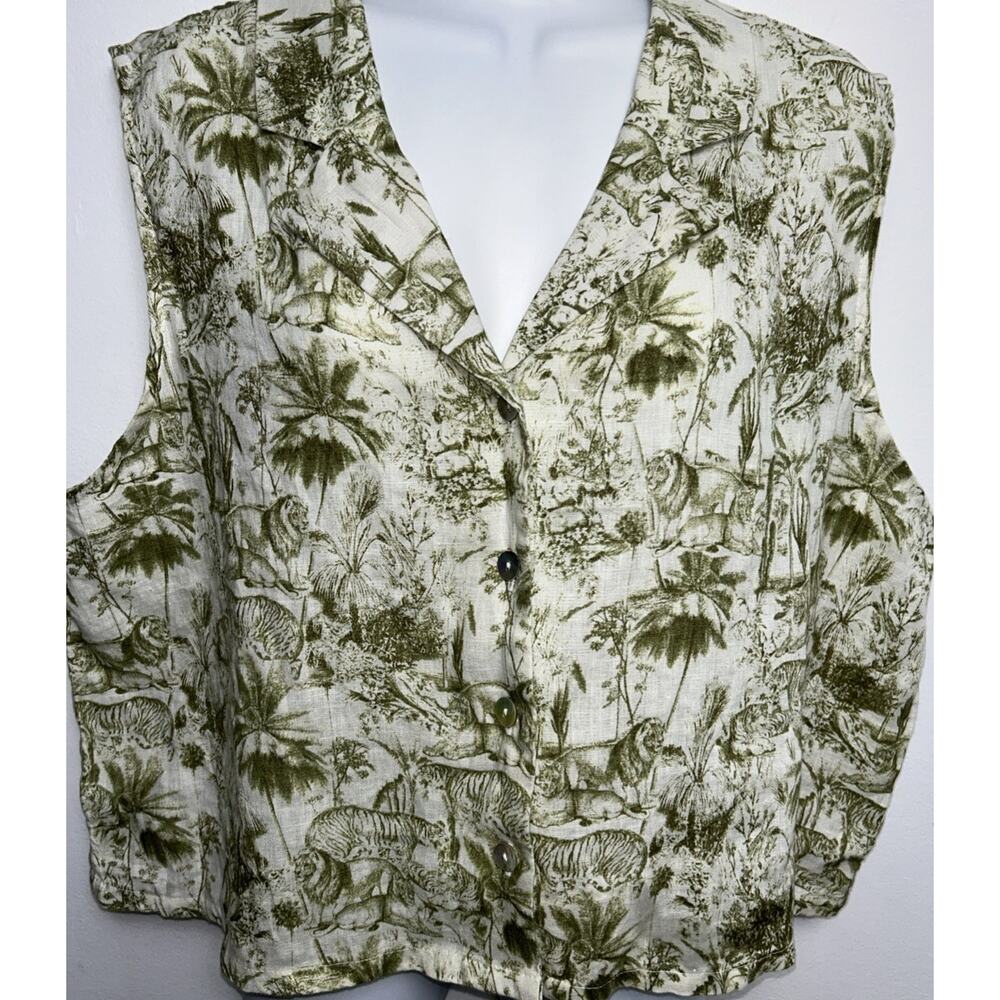 Rachel Zoe Top Womens XL Green Linen Safari Lion Tiger Button Shirt Sleeveless